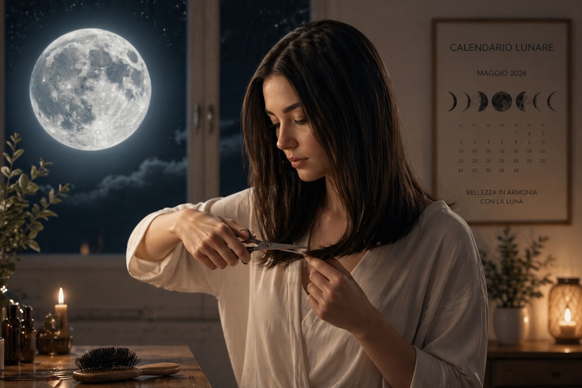 Una ragazza si taglia i capelli alla luce della luna piena vicino alla finestra, in una stanza accogliente illuminata dalla luce soffusa delle candele. Sullo sfondo si intravedono un paesaggio notturno e il calendario lunare di maggio 2026, che creano un'atmosfera di armonia e serenità.